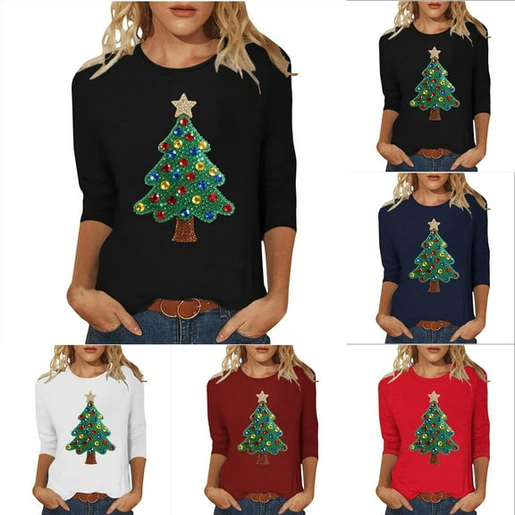Feancey 3/4 Sleeve Womens Tops Casual Crewneck Christmas T-Shirts Dressy Trendy Xmas Tree Print Blouse Loose Fit Tee Shirt Black XXL
