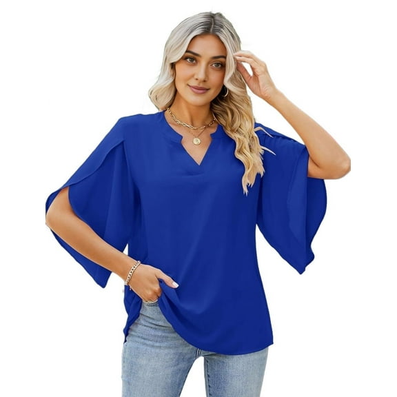 Women'S Casual Chiffon Blouse Tops 3/4 Ruffled Sleeve V Neck Loose Fit Blouses Shirts Dark blue XXL