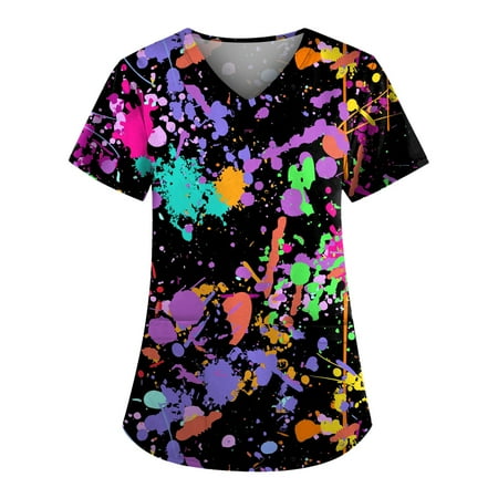 

XINKAIRUN Plus Size Cute Printed Scrub Working Uniform Tops for Women V-Neck Short Sleeve Fun T-Shirts Workwear Tee with Pockets Blouse L