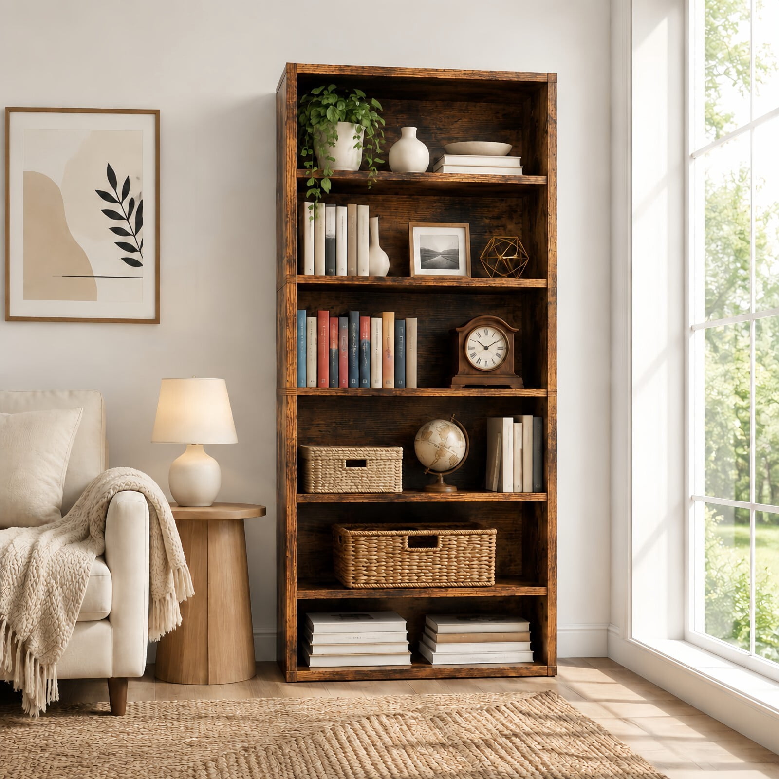 Kelno 6 Tier Vintage Bookshelf 63" Freestanding Wood Bookcase with Adjustable Shelf Anti-Tip Kit, Rust