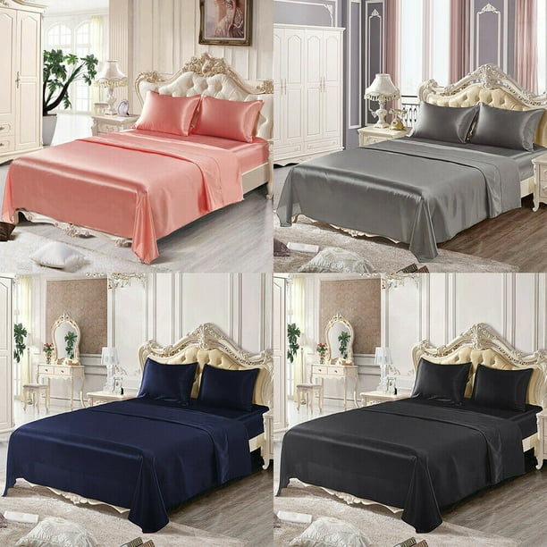 Silk Satin Sheets, 4 Piece King Size Satin Bed Sheet Set with Deep
