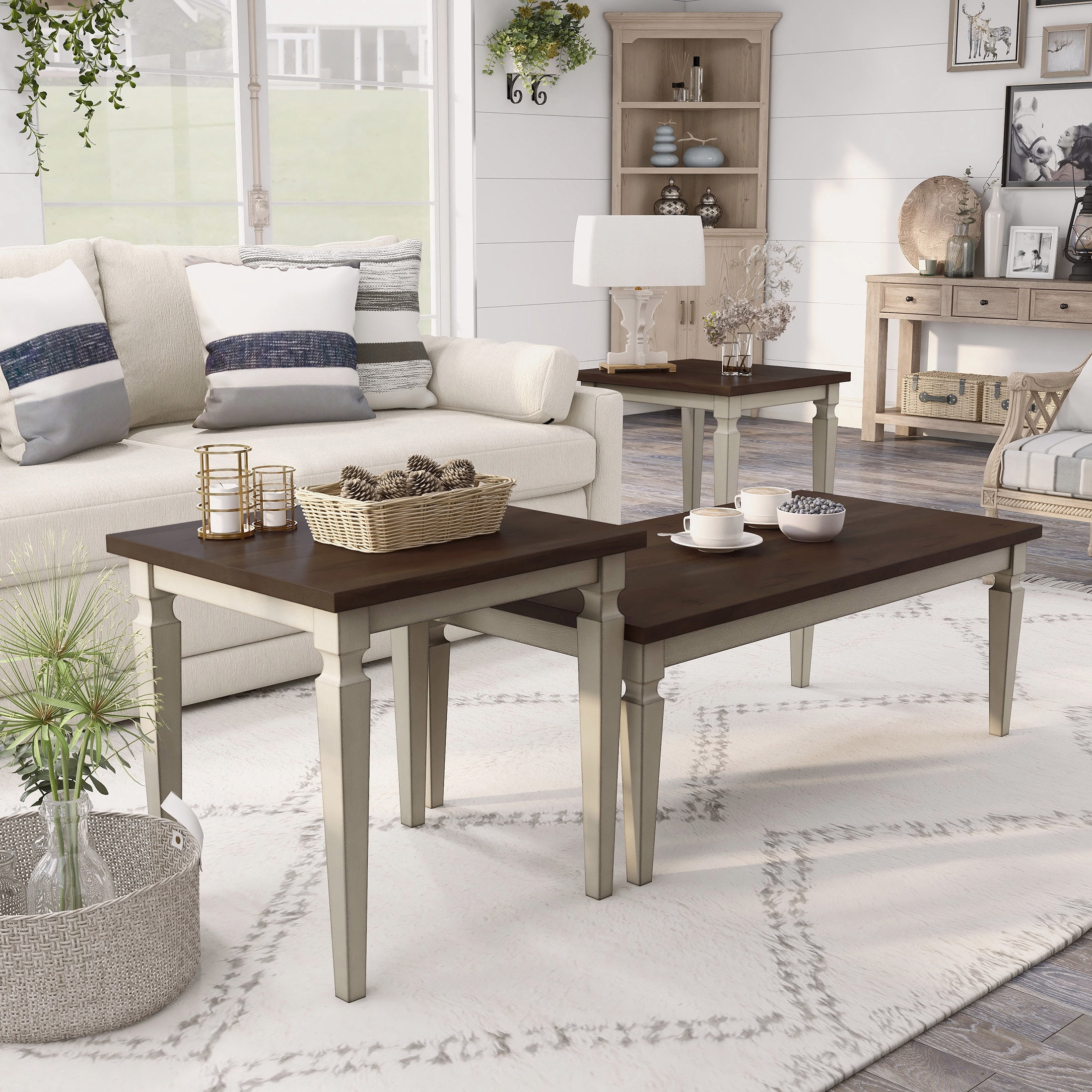 Furniture of America Leen 3-Piece Coffee Table Set, Antique White