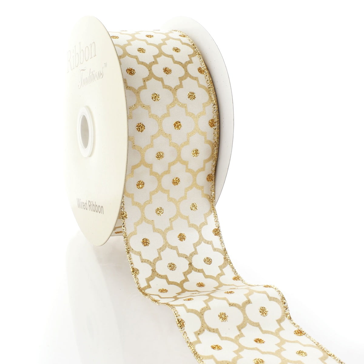 Ribbon Traditions 2 1/2" Wired Ribbon Gold Glitter Quatrefoil - 25 Yards