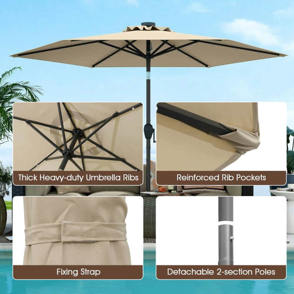 Spaco 7.5 Feet Solar Powered Patio Umbrella, Outdoor Shade with LED Lights and Crank Handle, Beige