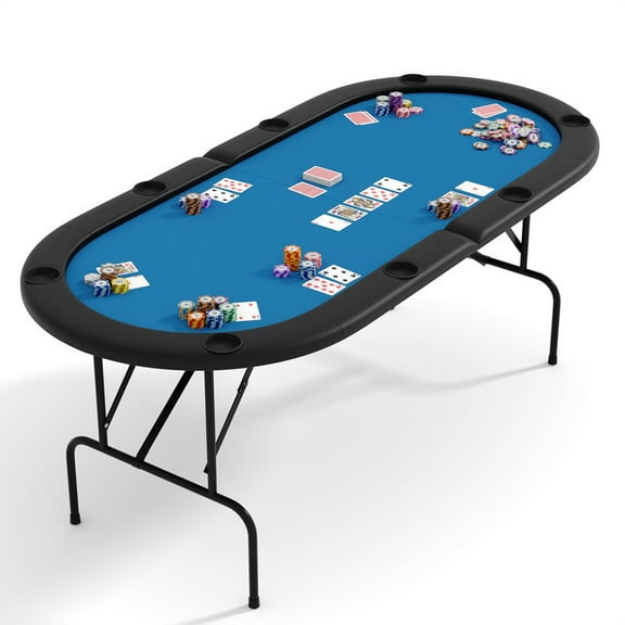 Towallmark 82 Inch 8 Player Poker Table, Oval Texas Holdem Table With Collapsible Legs, Padded Rails & Cup Holders, Portable Casino Style Game Table, Blue