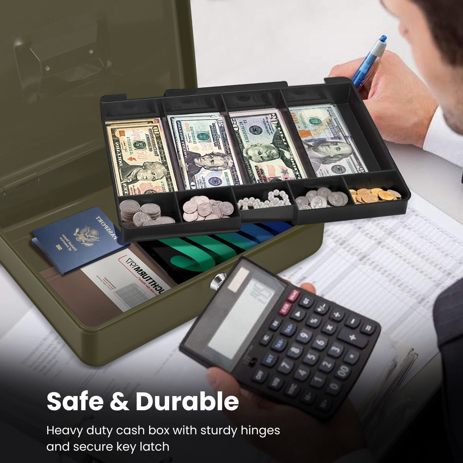 Cash Box with Money Tray and Lock - Metal Cash Box for Small Businesses, 9-Compartment Green Money Box with Lock and Key for Petty Cash, Checks, Coins, Portable Money Box for Cash Storage