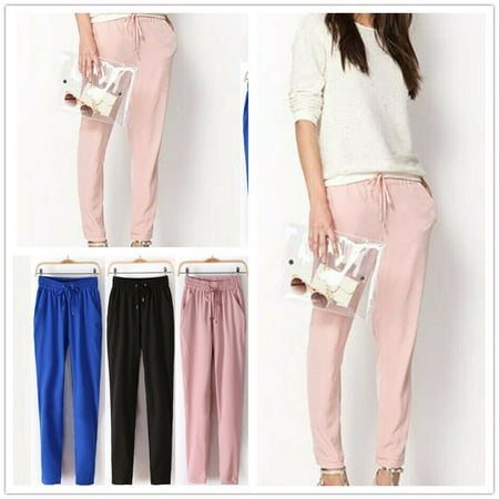 Straight Leg Wool Trousers - Fashion Women Solid Color Elastic Drawstring Summer Harem Pants Straight Legs Casual Loose Comfortable Ladies Trousers New