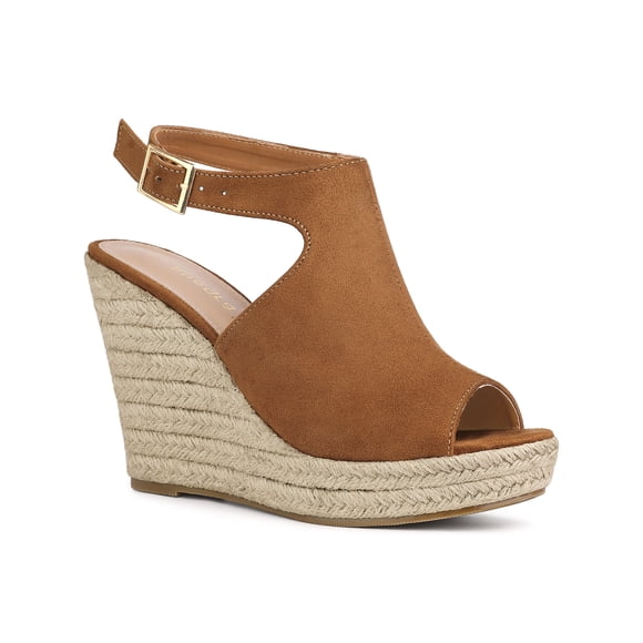 BLISSFUL STEP Women's Peep Toe Slingback Platform Wedge Heels Sandals Brown (Size 8)