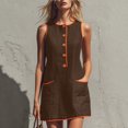 thumbnail image 7 of Wovilon Women's Round Neck Sleeveless A-Line Mini Dress, Button Front Contrast Trim Pocket Shift Top, Relaxed Lightweight Breathable Cotton Linen Blend Solid, 7 of 7