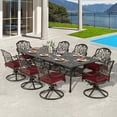 thumbnail image 7 of VIVIJASON 9-Piece Outdoor Dining Set, Cast Aluminum Retro Patio Furniture Table and Chairs Set for 8, Include 94.5" Rectangular Table and 8 Swivel Rocker Chairs with Umbrella Hole, Red Cushion, 7 of 7
