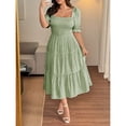 thumbnail image 6 of Green Gingham Square Neck A-Line Midi Dress With Half Puff Sleeves Casual Summer, 6 of 8