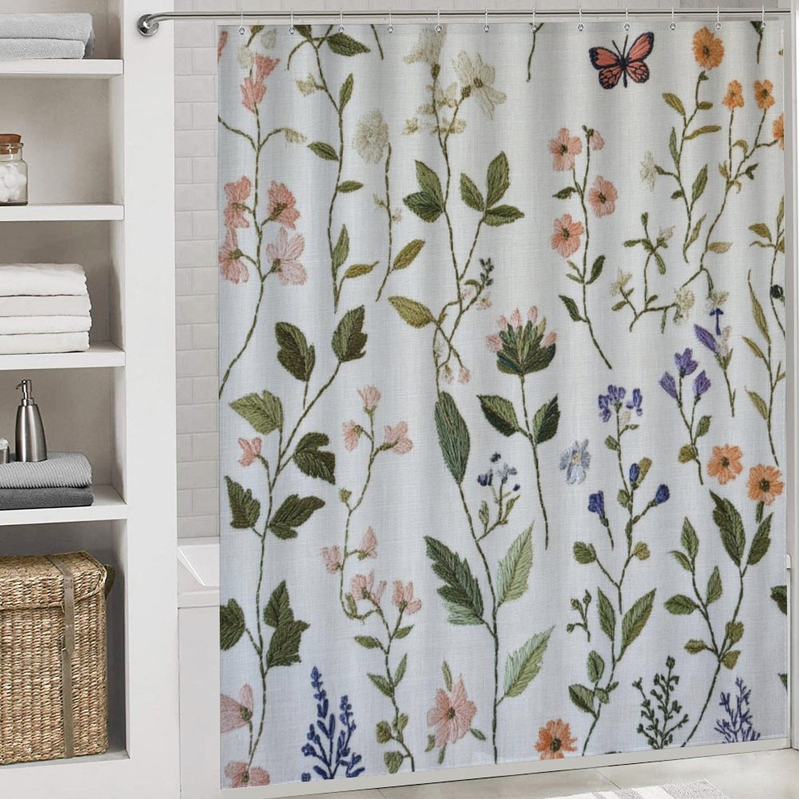 Sage Green Wild Flower Plant Shower Curtain Sets 4 Piece Shower Curtain Set with Non-Slip Rugs Toilet Lid Cover And Bath Mat Seasonal Floral Butterfly Durable And Waterproof for Bathroom Decor