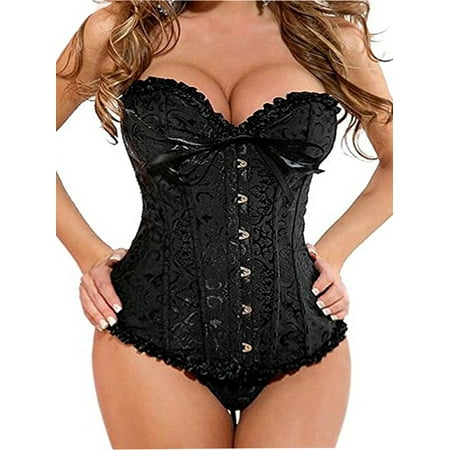 SAYFUT Fashion Women's Lace Up Boned Sexy Overbust Corset Bustier Plus Size Bodyshaper Top with G-String Black Size