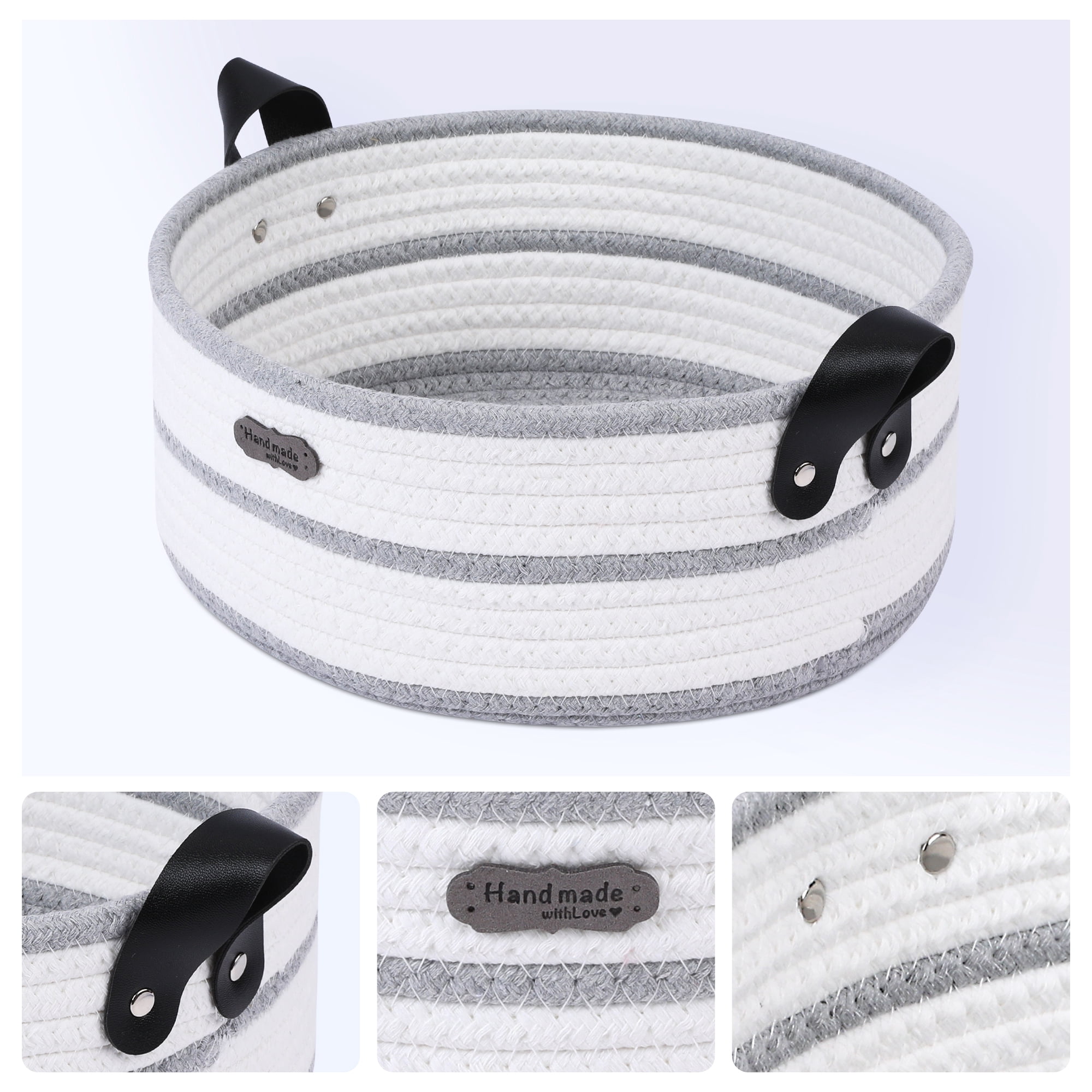 Unique Bargains Woven Storage Basket with Leather Handles Light Gray 11*4.7in