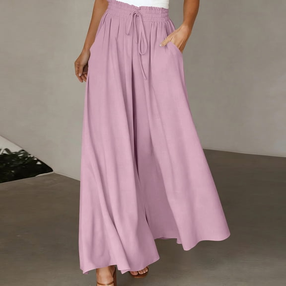 Pounoo Women's Trousers Elastic Waist Linen Wide Leg Pants Casual Vacation Loose Fit Breathable Versatile Daily Wear Bottoms Gift
