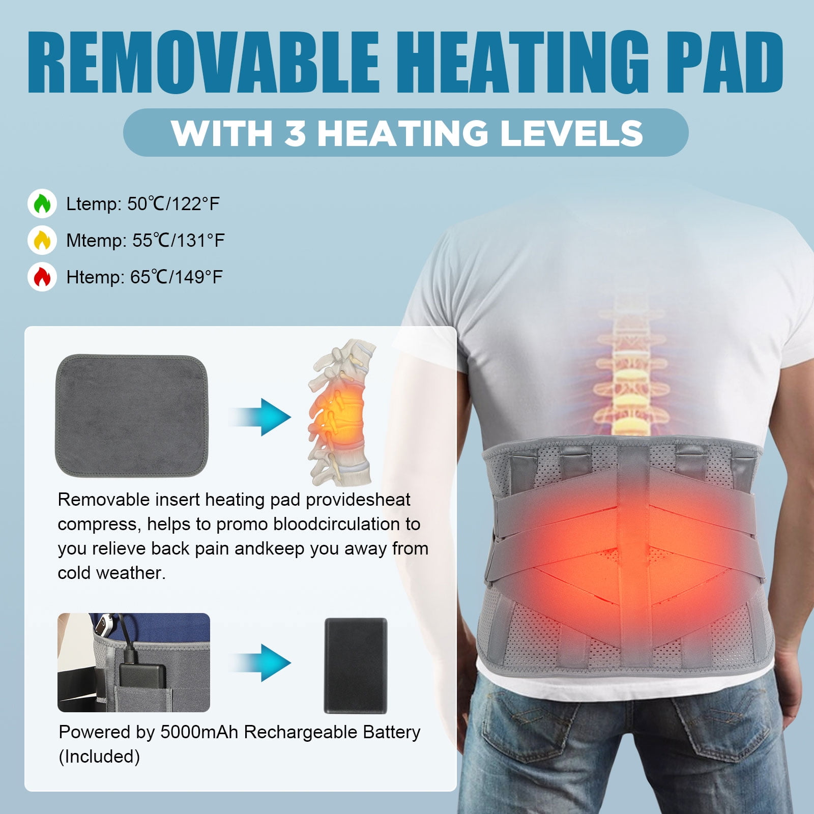 HONGJING Back Support Brace with Heating and Rechargeable Battery, for Lower Back Pain Relief, Gray, L