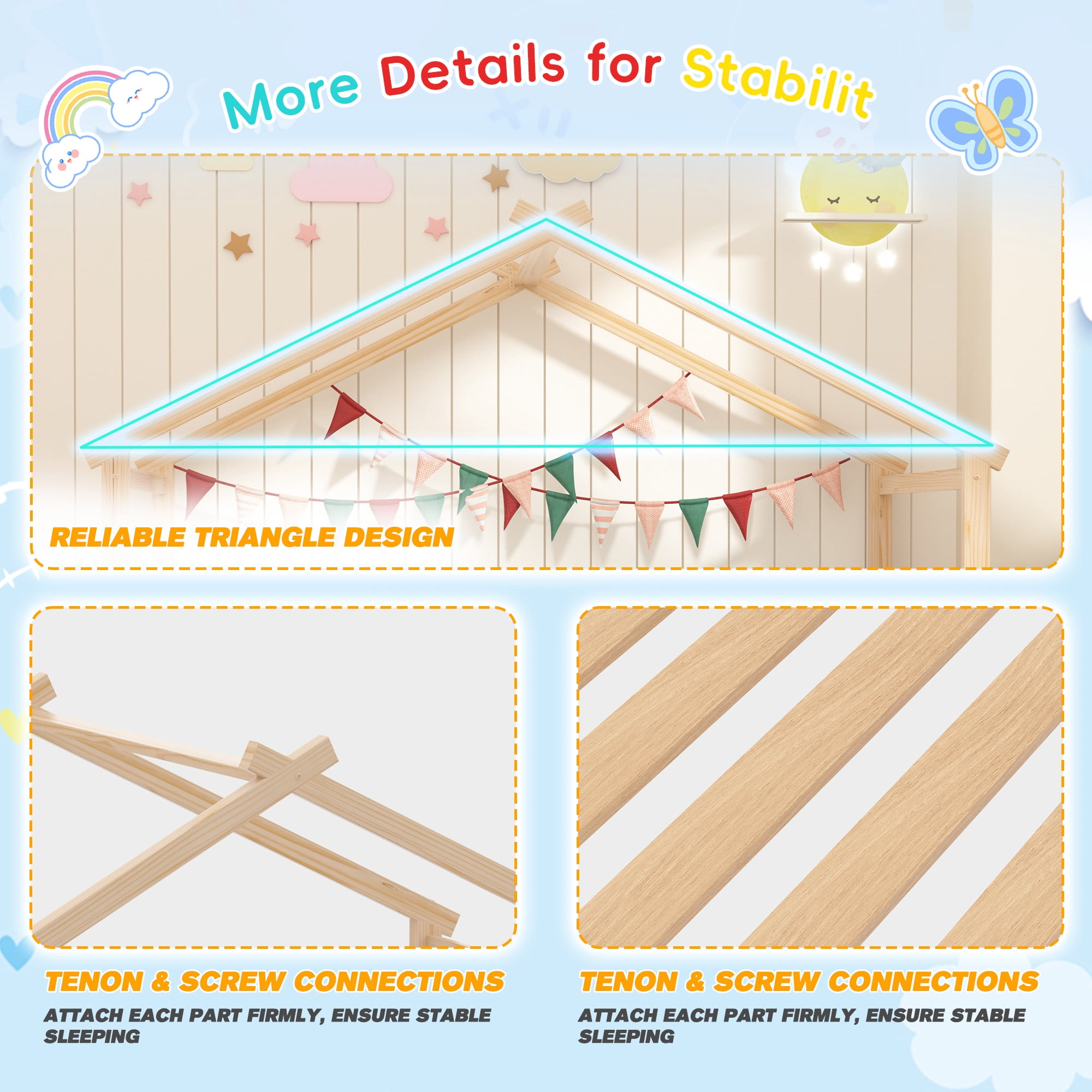 Joywind Twin Solid Wood House Floor Bed Frame with Safety Guardrails, Kids Bed for Boys Girls