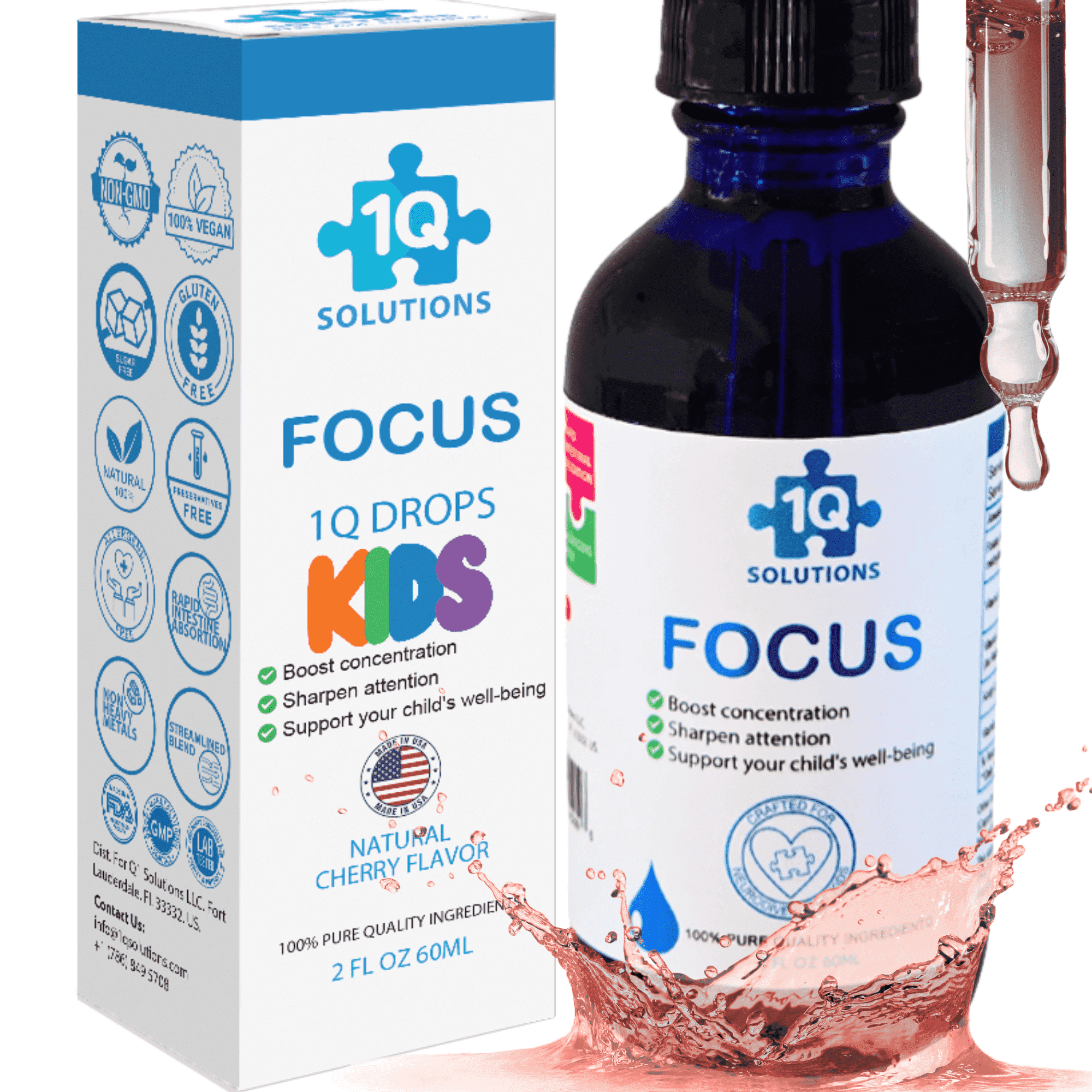 1Q Focus Liquid Brain Supplement for Kids | L-Methylfolate Folate, Acetyl L-Carnitine, B1 B6 B12 Drops for Kids Focus & Attention | Kids Brain Booster, Sugar-Free Vegan Liquid Drops | 2 fl oz
