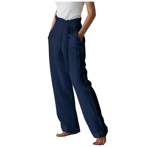 KIHOUT Women Loose Solid Bandage Casual Pants Wide Leg Cotton Linen Trousers