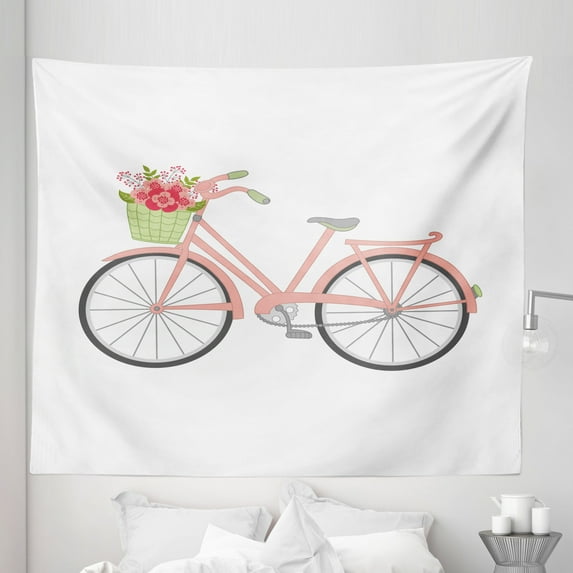 Bike Party Tapestry, Pastel Floral Ornamental Pink Bicycle Silhouette on Plain Backdrop, Fabric Wall Hanging Decor for Bedroom Living Room Dorm, 5 Sizes, White Blush Pale Green, by Ambesonne
