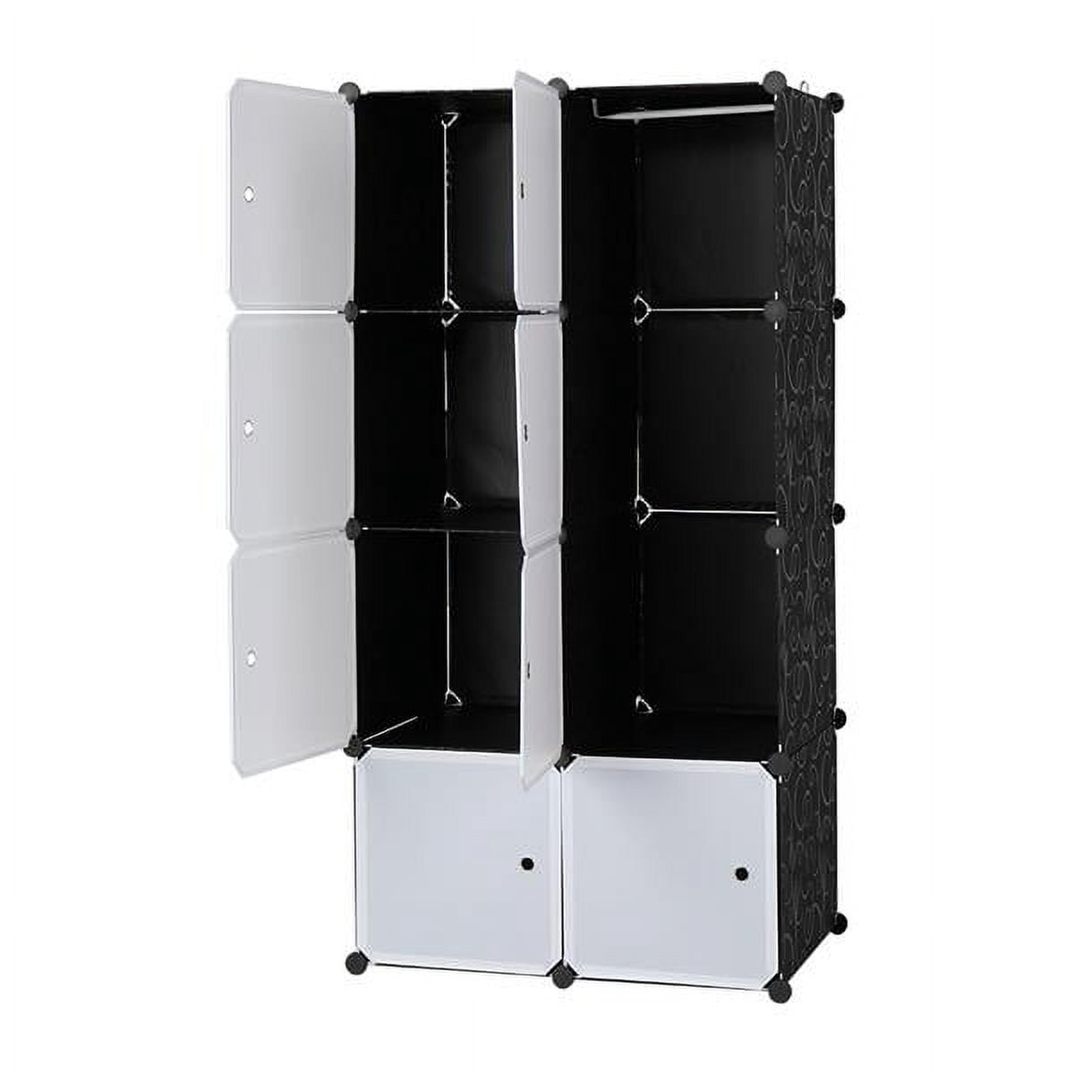 White/Black 8-Cube Stackable Plastic Storage Shelves - Modular Closet Organizer with Hanging Rod & Doors, Multifunctional for Bedroom, Living Room & Kids Room