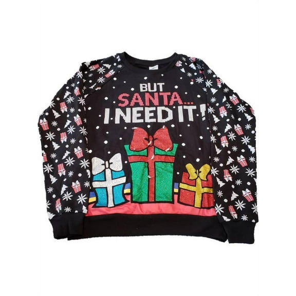 Womens But Santa... Black Glitter Long Sleeve Christmas Holiday Sweatshirt S
