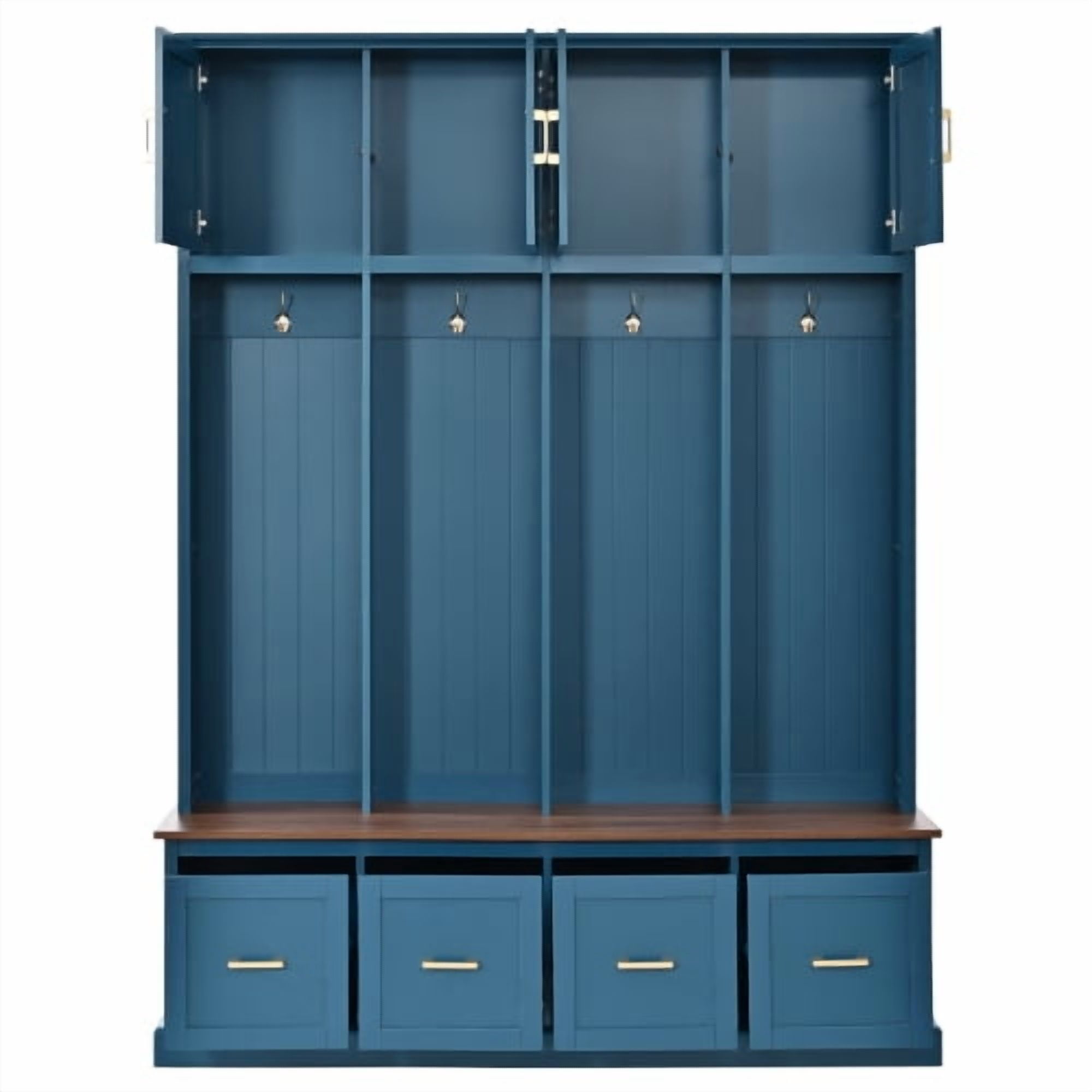 U-Can Farmhouse Entryway Hall Tree with Coat Hooks, Cabinets and Drawers, with Wood Accents and Gold Hardware, Navy Blue