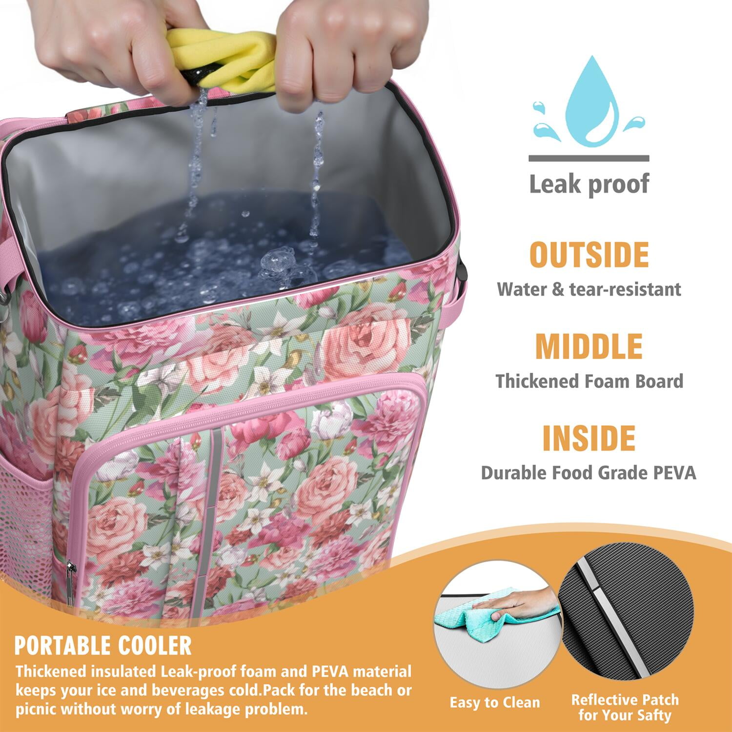 Travel Cooler Bag - Pioneer Flower Floral Print Pattern Camping Beer Cooler Backpack with Bottle Opener- Waterproof Insulated Picnic Backpacks - Cooler Bag for Beach