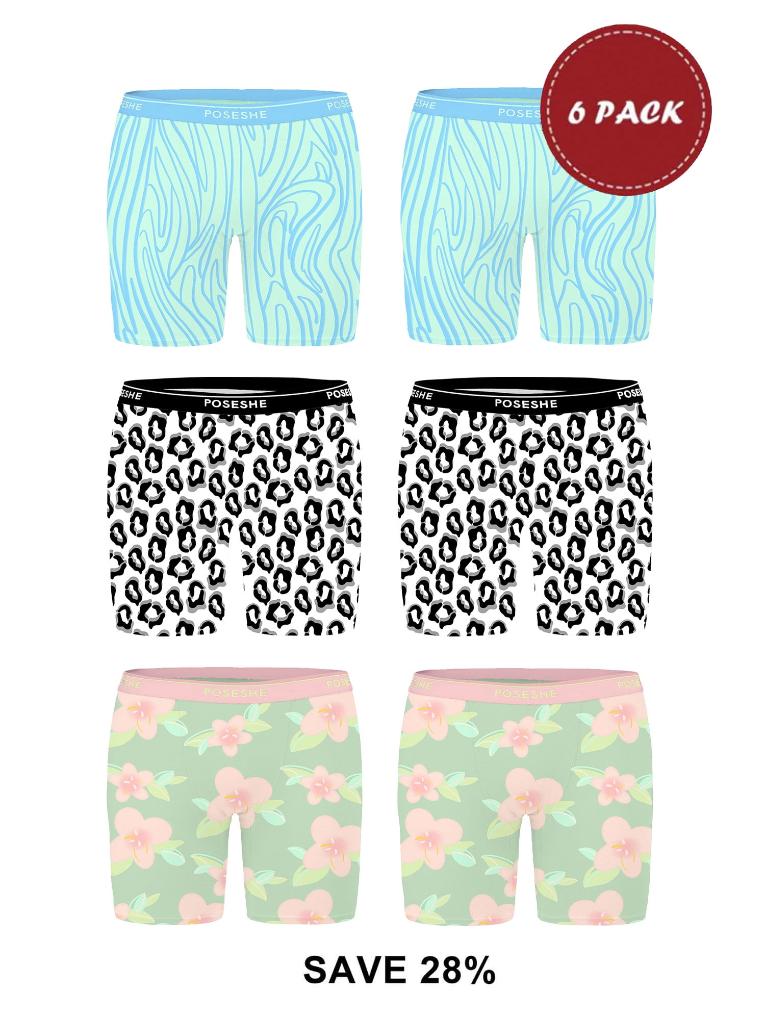 POSESHE Women's Boyshorts Briefs Underwear, Small To Plus Size, 6Pack