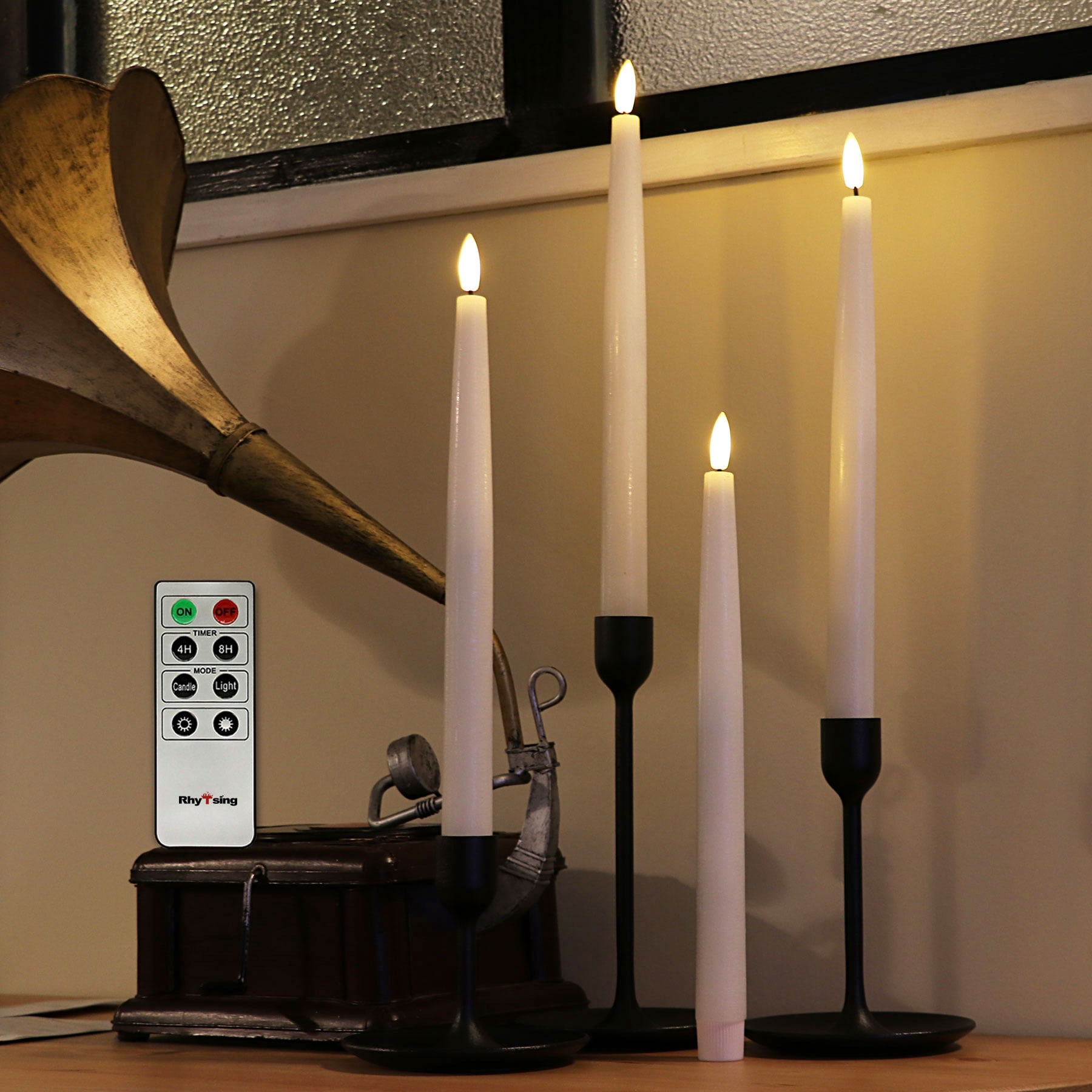 Rhytsing 11.4" Flameless Taper Candles with Timer Function, Battery Operated Dinner Tall Candlestick Rustic Wax, Warm White LED, 2 Remotes Included - Set of 6 (White)