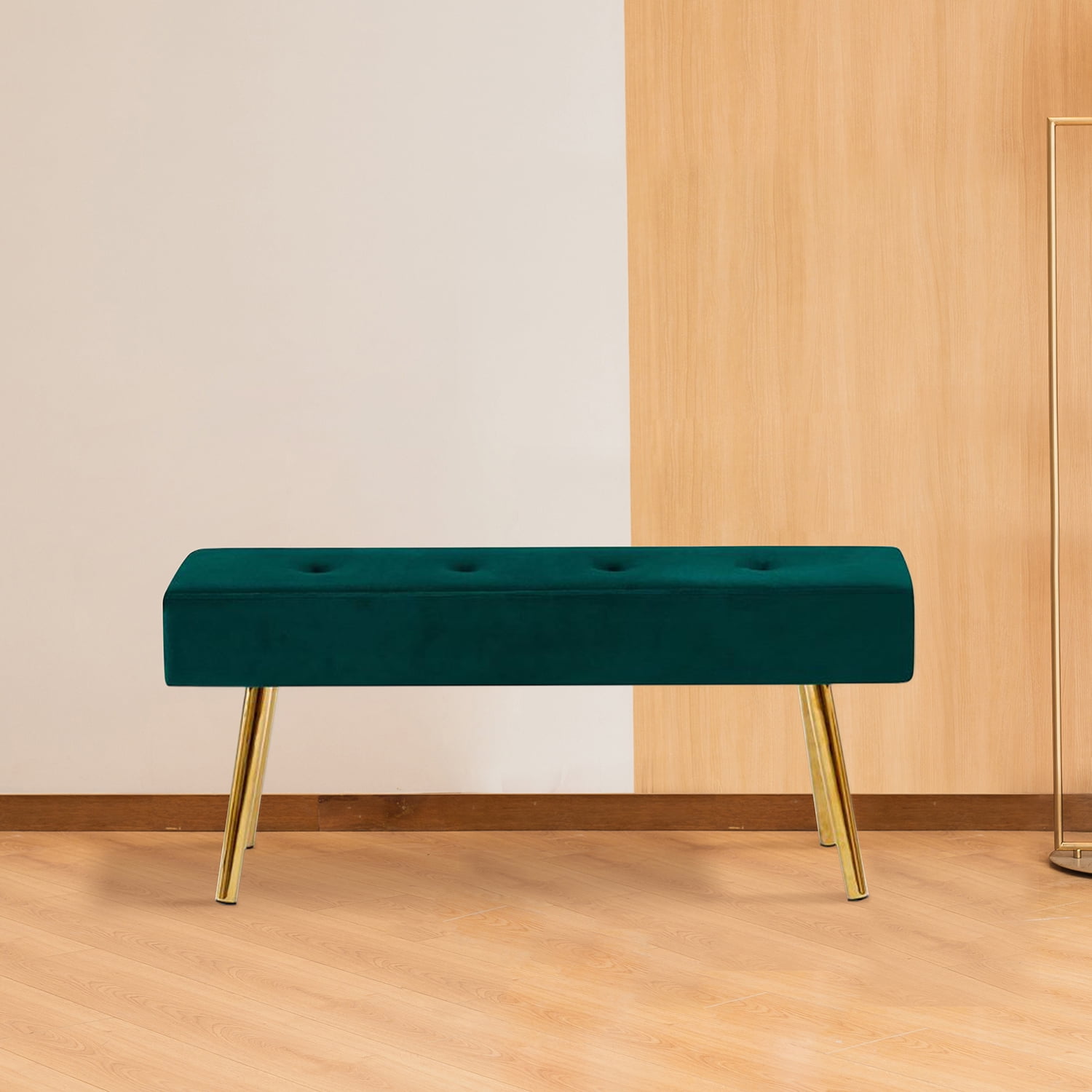 Kadyn Modern Long Bench, Velvet Bed End Stool with Gold Legs, Upholstered Bench Ottoman for Entryway and Bedroom, Dark Green