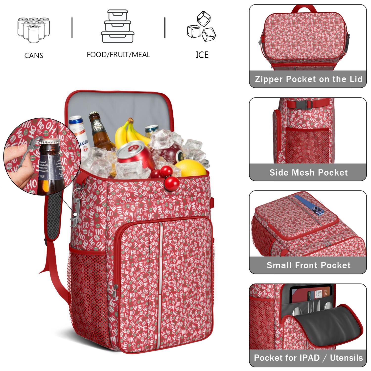 Travel Cooler Bag - Red Christmas HO Pattern Camping Beer Cooler Backpack with Bottle Opener- Waterproof Insulated Picnic Backpacks - Cooler Bag for Beach