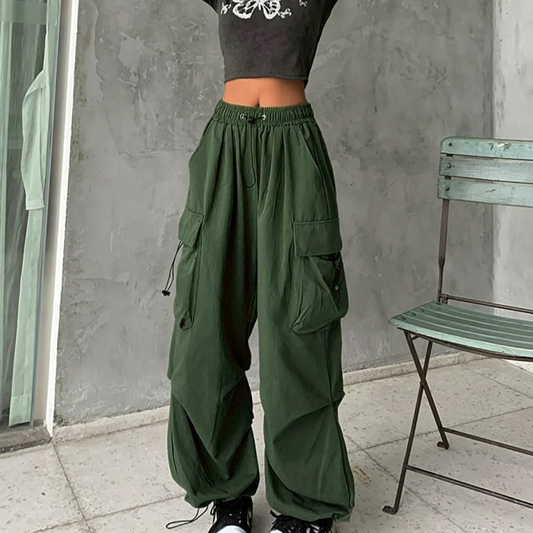JWZUY Parachute Pants for Womens Wide Leg Cargo Pants Y2k with Pockets  Baggy Casual Harajuku Streetwear 4-Green Medium