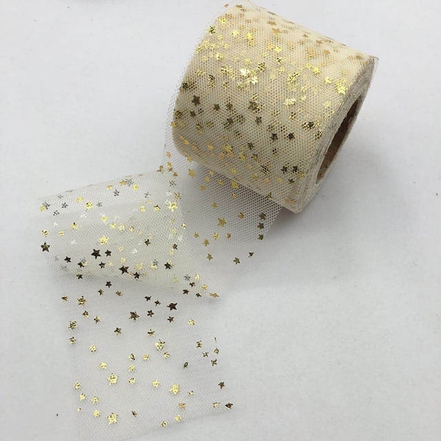 Nvzi Rollo de cinta de tul de tela con estampado en caliente de 25 yardas con diseño de luna y estrellas, 6 cm de ancho, para decoración,cinta decorativa para manualidades, color beige