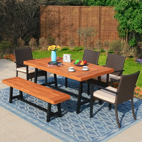 Alpha Joy 6 Pieces Outdoor Patio Dining Set Dining Wicker Chairs Wood Table Set - 6 Person