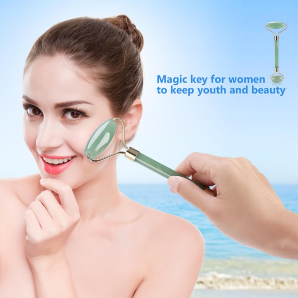 Rodillo de jade natural 1 pieza Jade natural Rodillo de belleza de doble cabeza Rodillo de jade Masajeador facial Antienvejecimiento Cara Ojo Cuello Masajeador HerramientaVerde) Khall JM06093-01