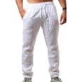 thumbnail image 1 of Pantalones de lino de algodón de verano para hombre con cordón elástico suelto suave pantalones de vacaciones casuales, 1 of 2