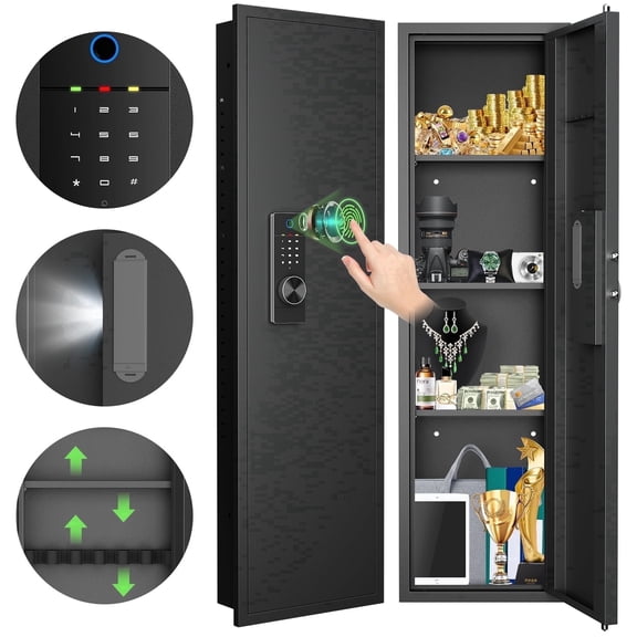 Silkight 53.15" 53.15" Wall Safe Between the Studs, Biometric Fingerprint Hidden Safe with Dual Alarm System and Silent Mode, Wall Gun Safe with 3 Adjustable Shelves and Magnetic Slot