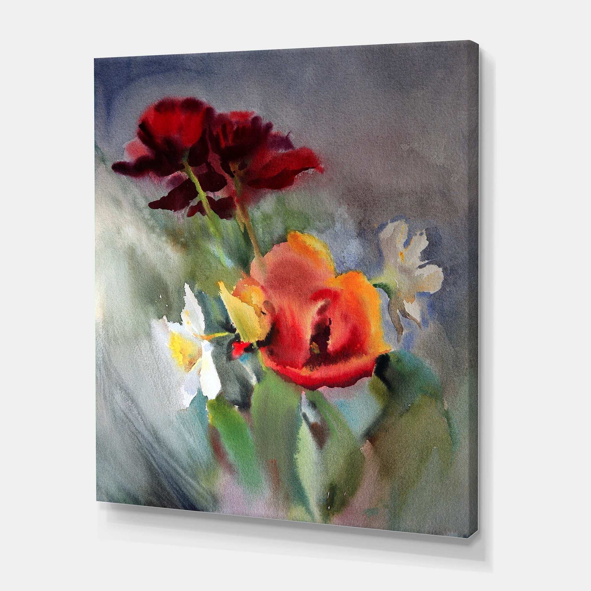 Designart ' Blossoming Vibrant Red Wildflowers ' Traditional Canvas Wall Art Print