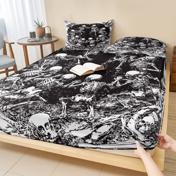 Cal.King Size Fitted Sheet Set - Happy Halloween 3 Piece Bedding Sets 16" Deep Pocket Fitted Sheet with 2 Pillowcases, Fall Spooky Skeleton Retro Black Brushed Microfiber Hotel Luxury Bed Sheets