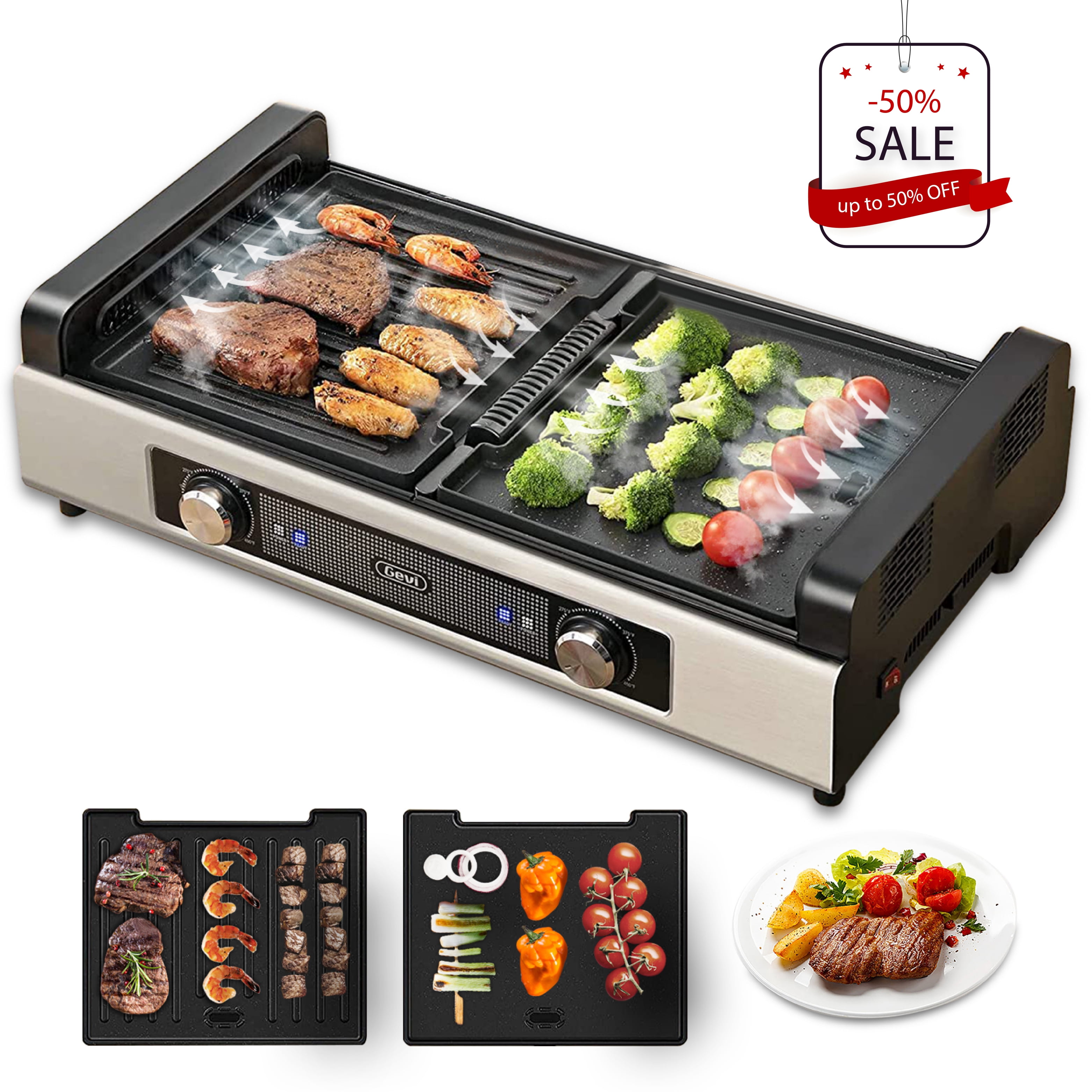 Electric Grill Indoor Barbecue with Large Cooking Surface and Oil Drip Tray,Smokeless and Non-Stick Plates,Family Health Grill,1800W