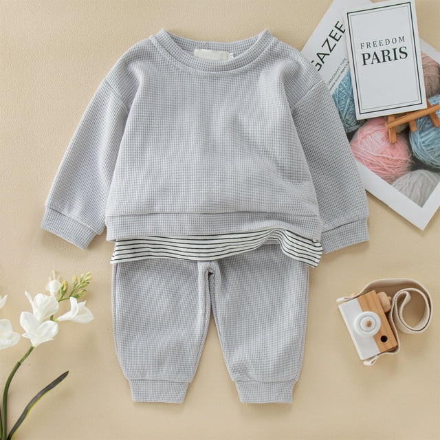 Boys Outfits&Set | Platform Competitor Styled 2pc Knitted Tracksuit for Kids | Comfortable Ribbed Sweatshirt and Pants Set for Toddlers and Boys