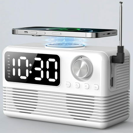 Alarm Clock FM Radio, Bluetooth Speaker with 15W Fast Wireless Charger, 4 in1 Wireless Charging Station for iPhone, Android Phones, Clock Radio for Bedroom Easy to Use for Seniors and Kids as Gift