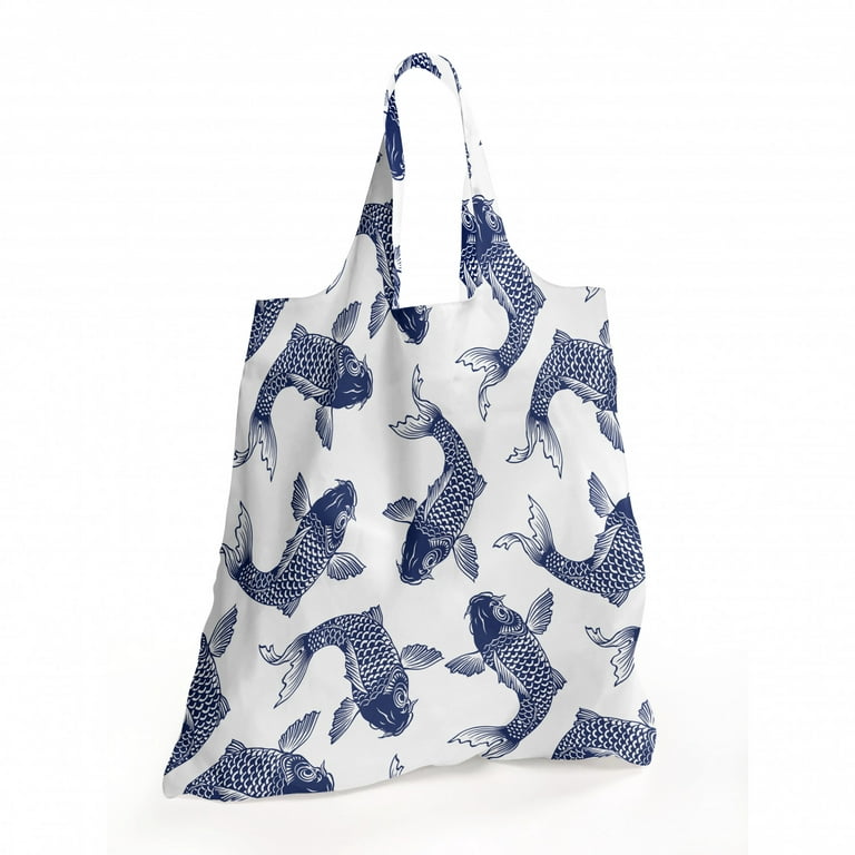 Koi Fish Fabric Shopping Tote, Carp Koi Sketch Drawing with Detailed Fish Scales Pattern Eastern Marine Life, Portable and Foldable Bag to Keep in