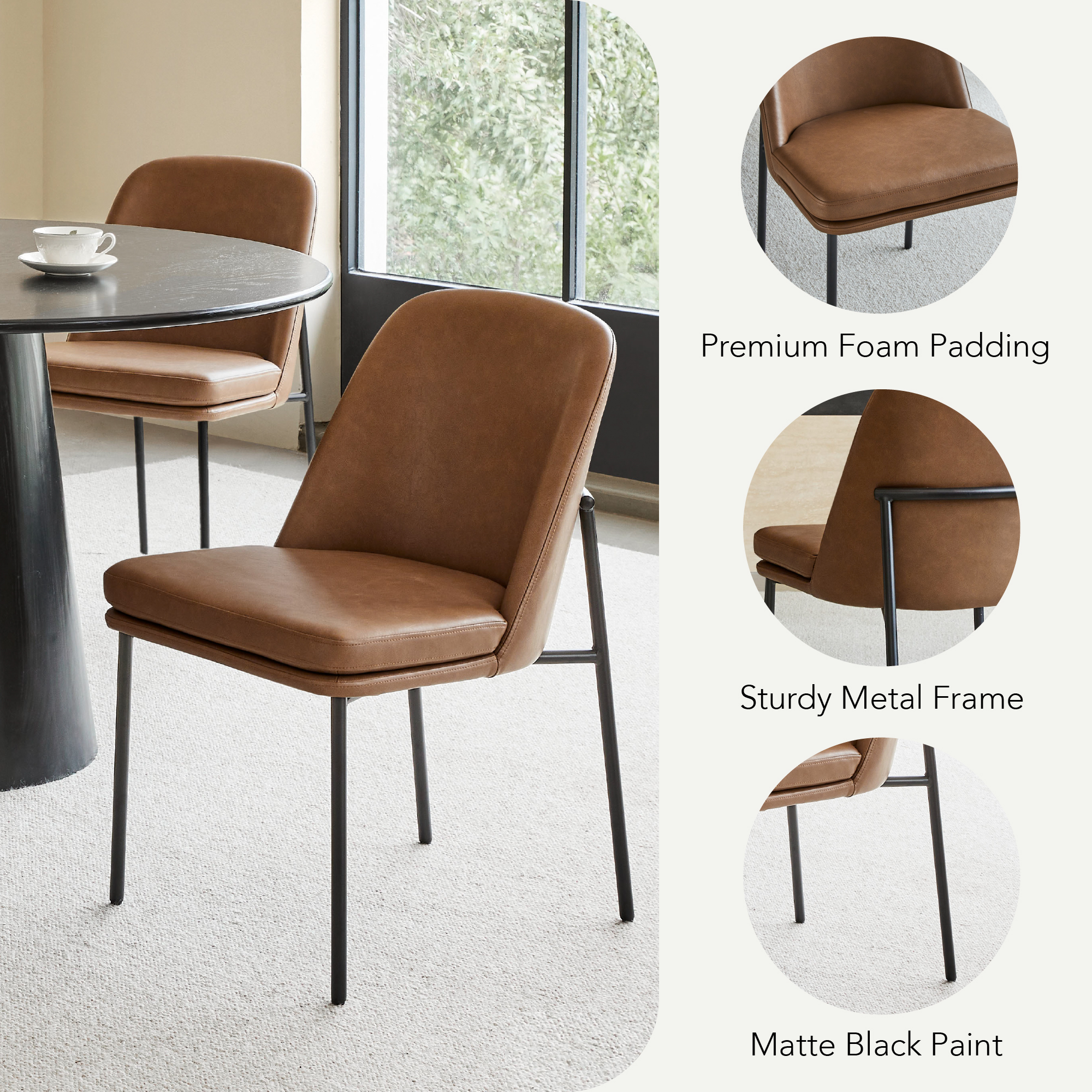 Spruce & Spring Modern Upholstered Dining Chair with Metal Legs Set of 2, Faux Leather in Saddle Brown