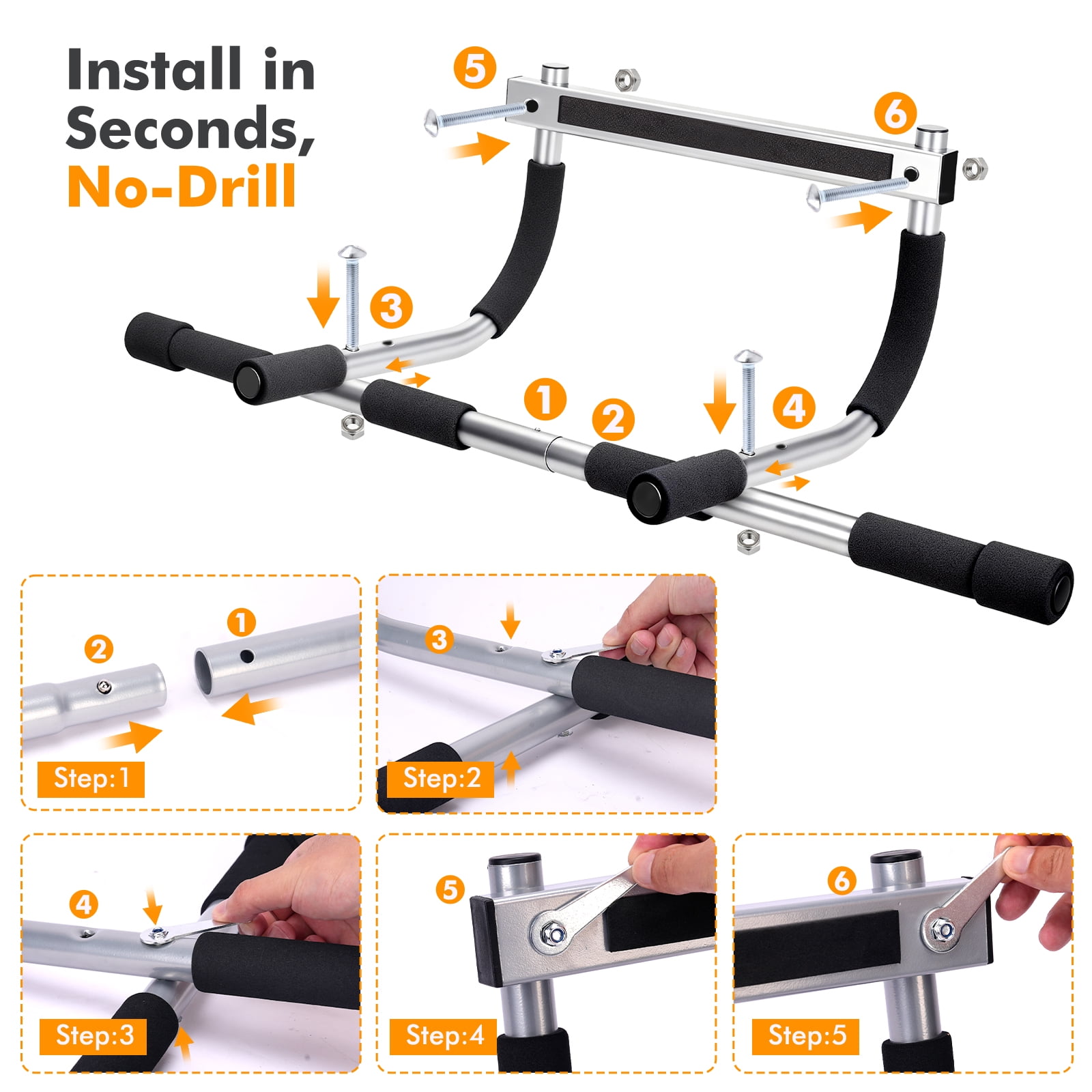Doorway Pull Up Bar, 440 LB Max Heavy Duty Steel Chin-Up Bar, Secure No-Screw Door Frame Workout Bar for Home Gym