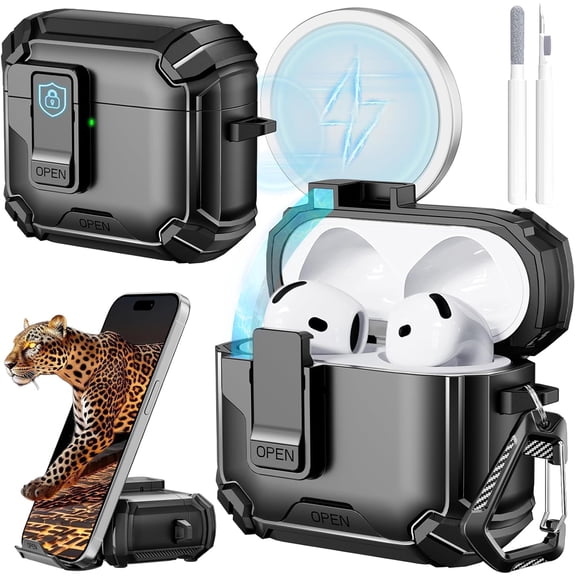 For AirPods 4 Case (2025) with Phone Stand, Automatic Snap Switch Protection Cover for Airpods 4th Gen with Keychain Cleaning Pen, Compatible with MagSafe