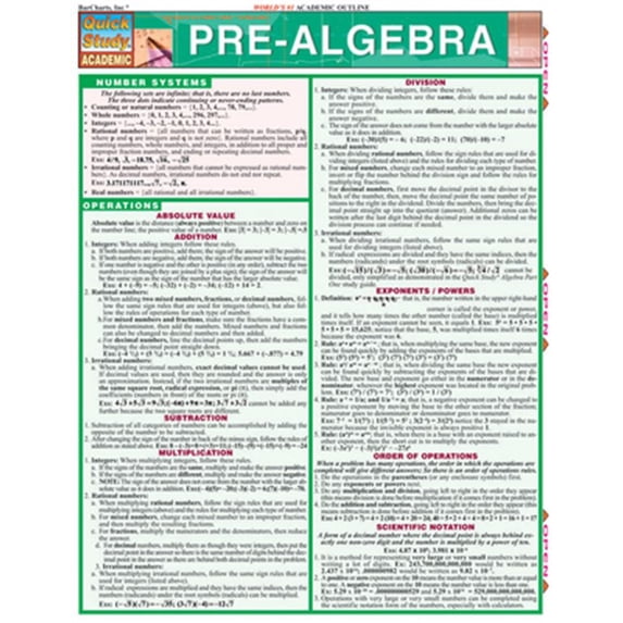 Pre-Owned Pre-Algebra (Quickstudy Reference Guides - Academic) Paperback