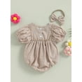 thumbnail image 5 of Musuos Baby Girl 2Pcs Summer Outfits, 3M 6M 12M 18M Short Puff Sleeve Plaid Print Romper with Bow Headband Set Cute Clothing, 5 of 10