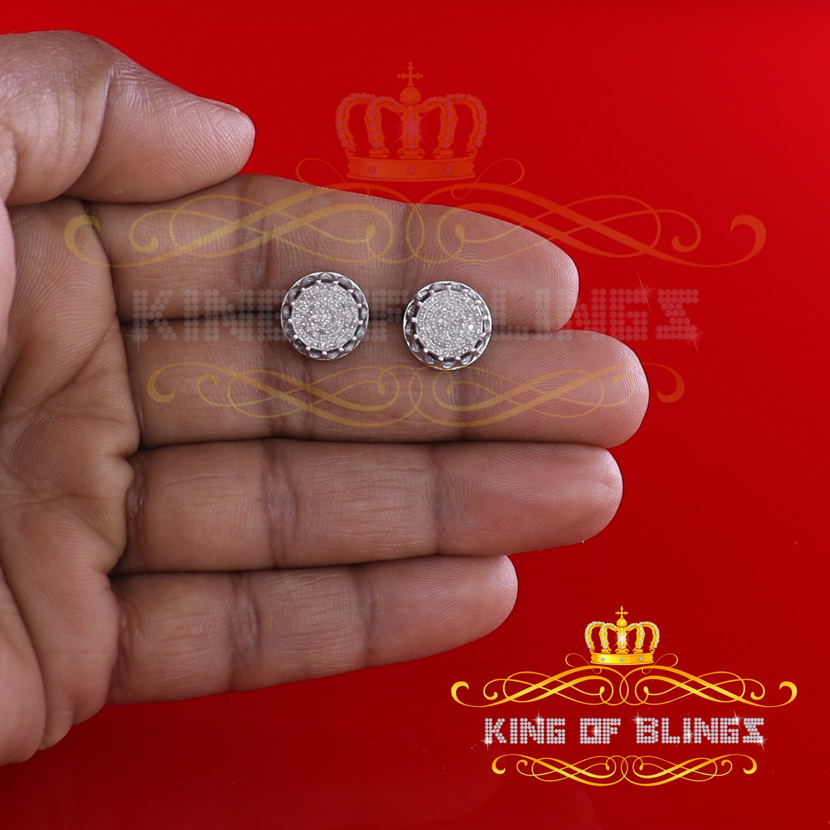 King of Bling's 925 Sterling Silver 0.33ct Diamond For Women's/ Men's White Stud Floral Earrings